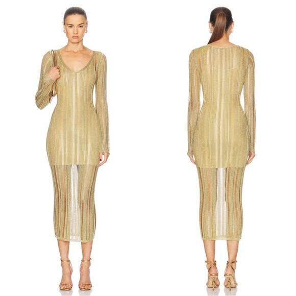 Cult Gaia Espen Knit Long Sleeve Sheer Crochet Gold Midi Dress Size Small - Picture 1 of 11